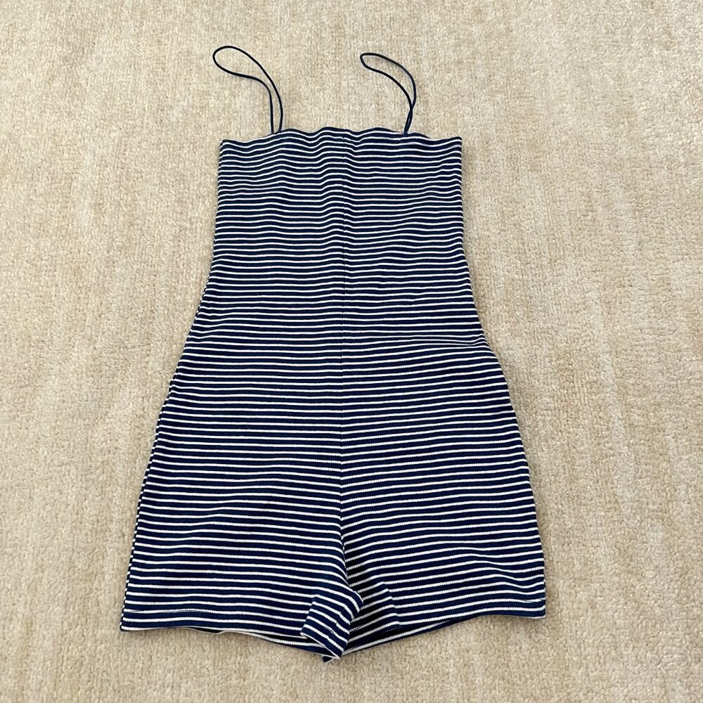 Zara Ribbed Knit Stripe Romper M White Blue